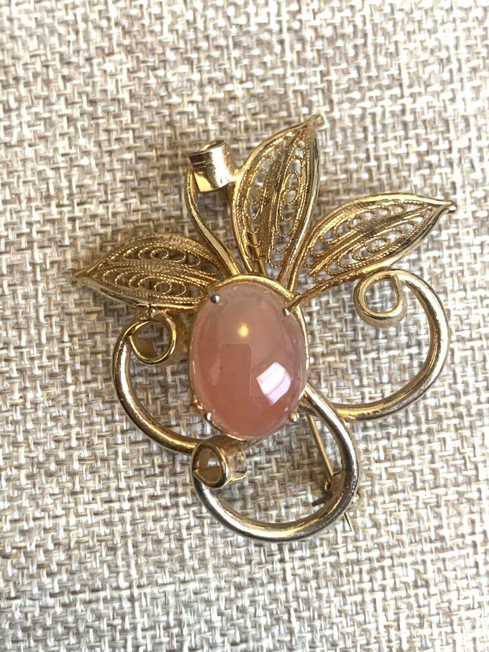 Vintage Gold Tone Milky Pink Cabochon Brooch Ornate Leaf Scrollwork Pin